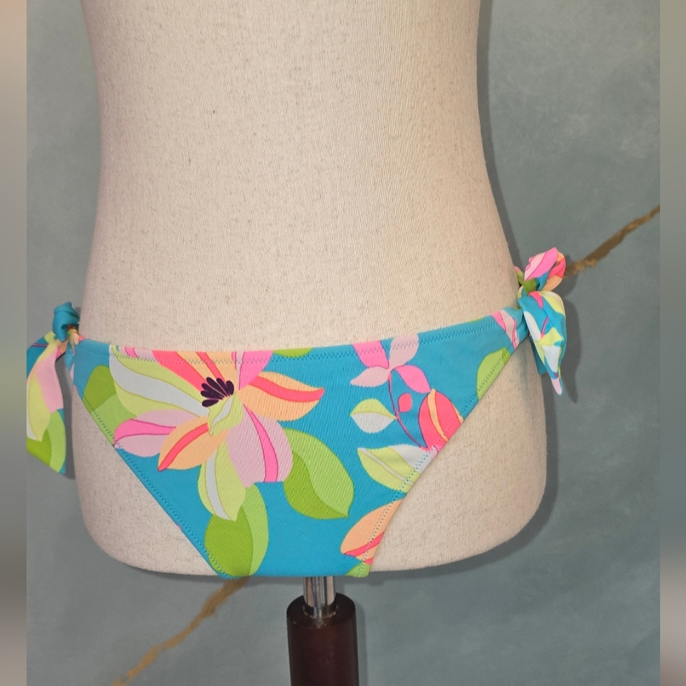 Y2k Era Side Tie Moderate Coverage Floral Bikini Bottom Teal Pink VS Medium